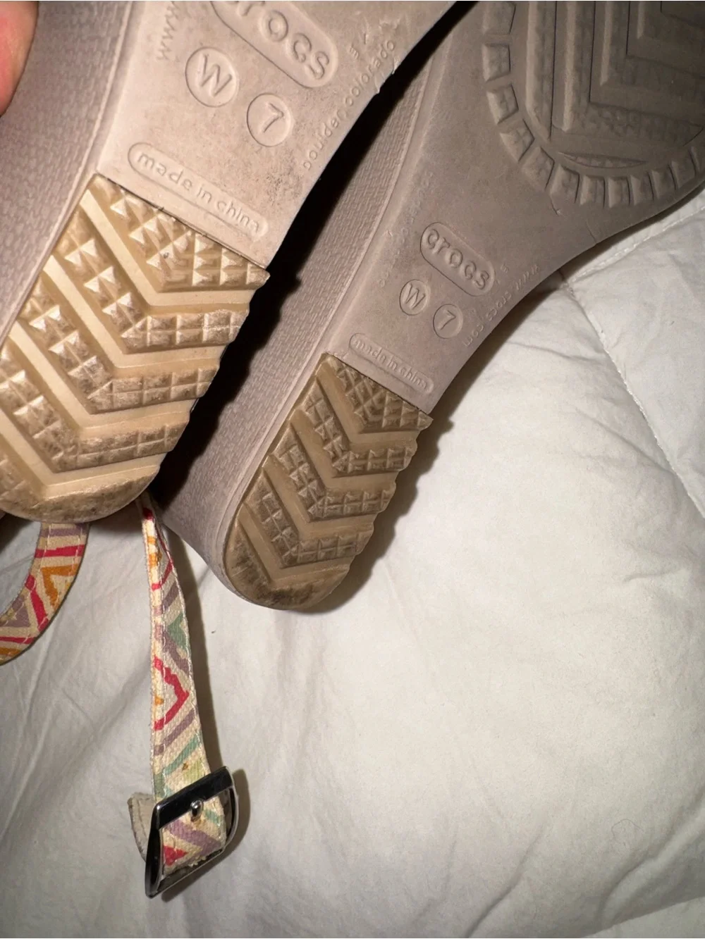 CROCS Brown Wedge Sandals with Multicolor Chevron Straps